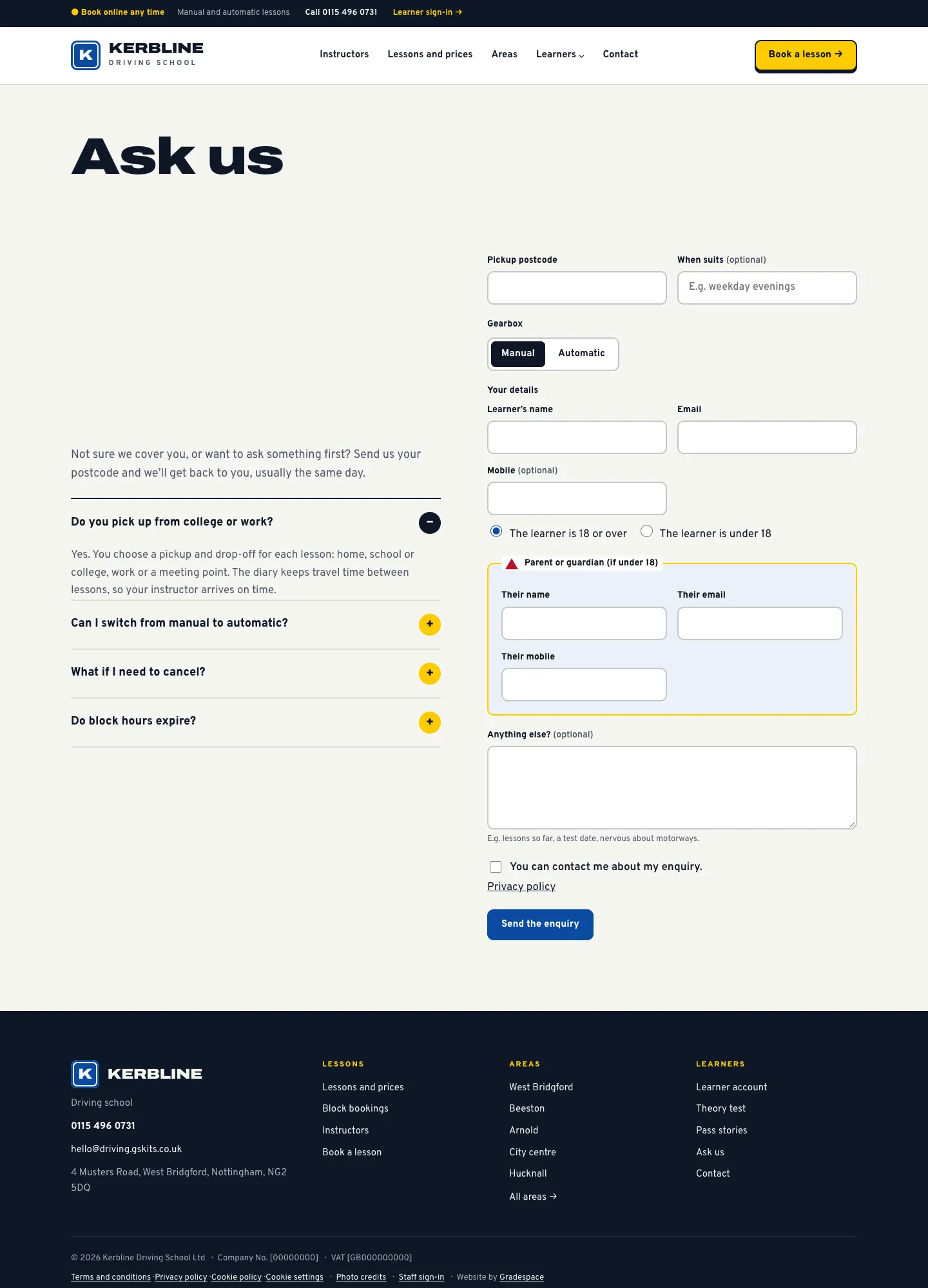The Ask us page, with common questions on the left and a form asking for the pickup postcode, when suits, the gearbox and the learner's details