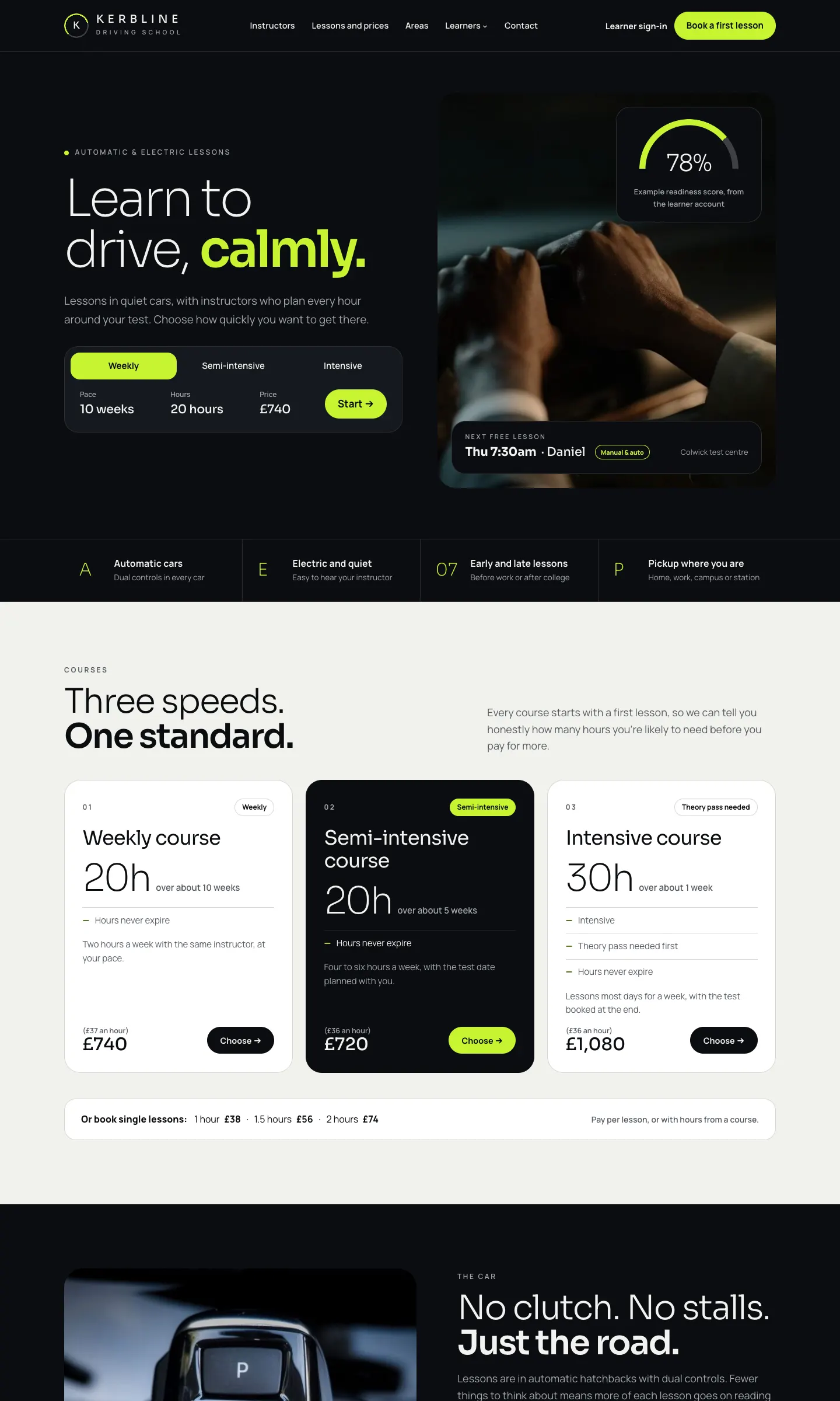 The Glide home page on a computer: a dark hero headed "Learn to drive, calmly." with a course switcher showing the Weekly course at 20 hours for £740, then three course cards