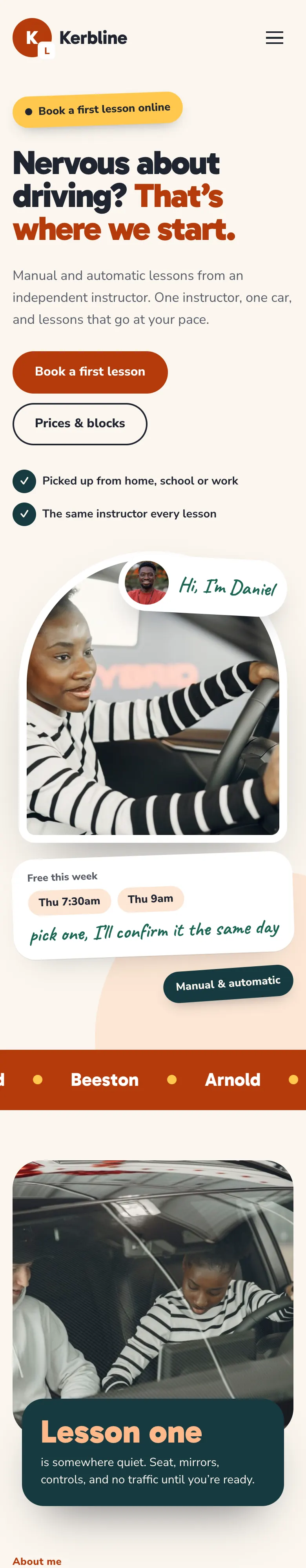 The Neighbour home page on a phone, with rounded orange buttons and a sticker saying "Book a first lesson online"