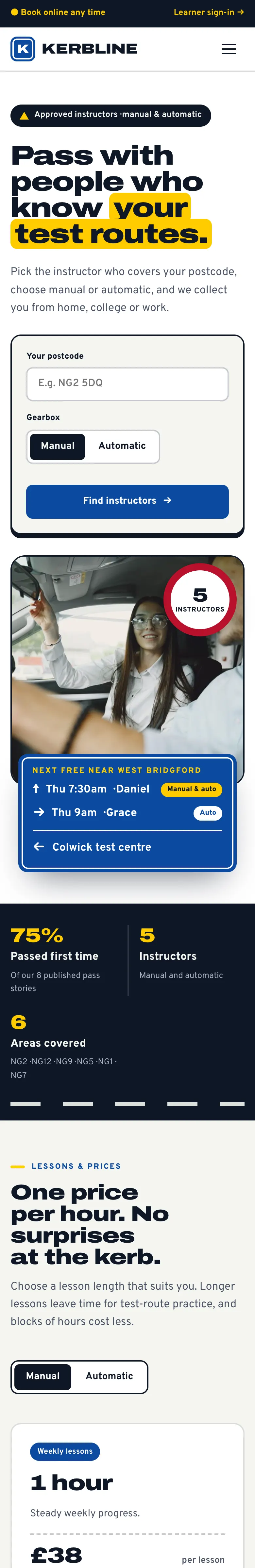 The Signal home page on a phone, with the menu folded into a button and the postcode finder at the top