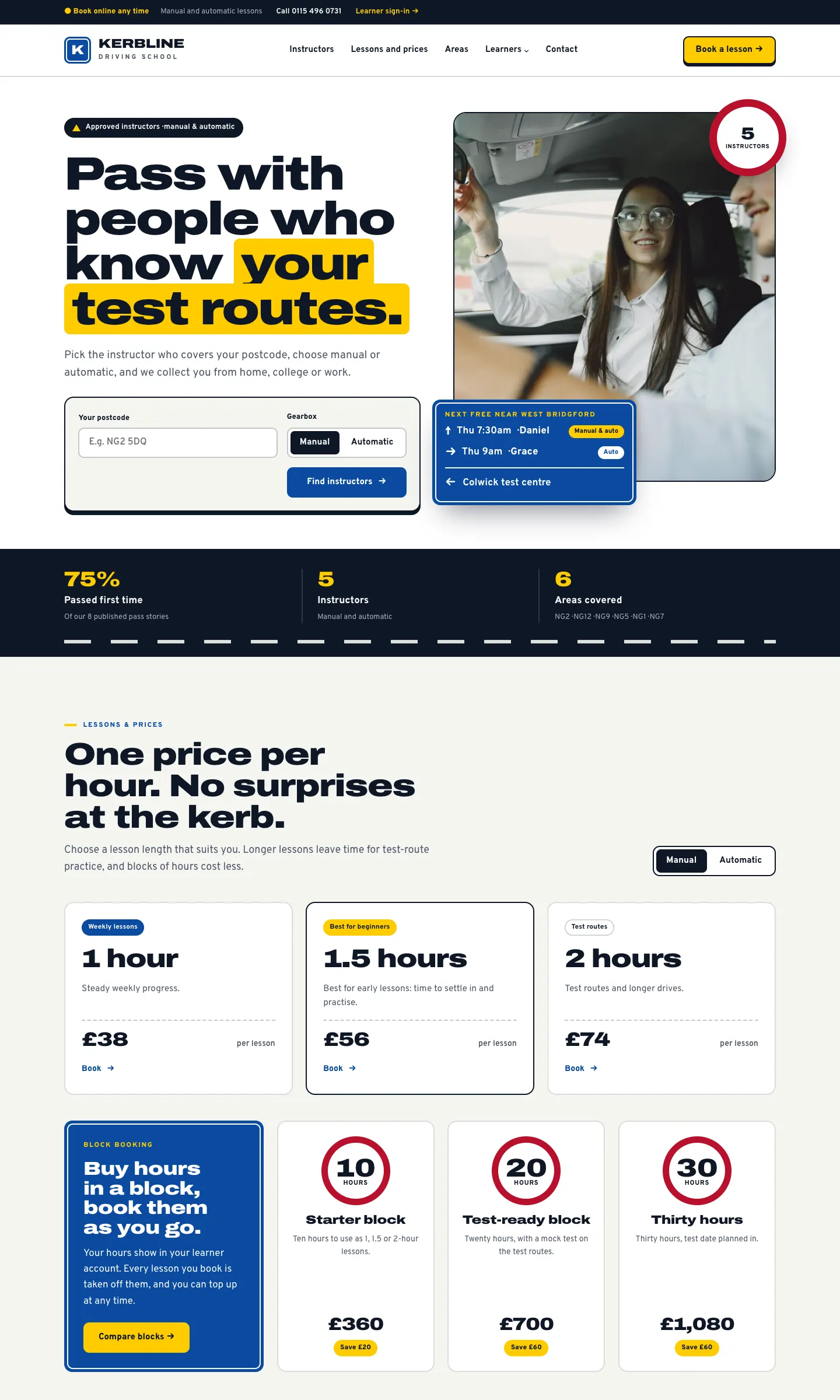The Kerbline demo home page in the Signal design, with a postcode and gearbox finder, the next free lessons near West Bridgford and the lesson prices