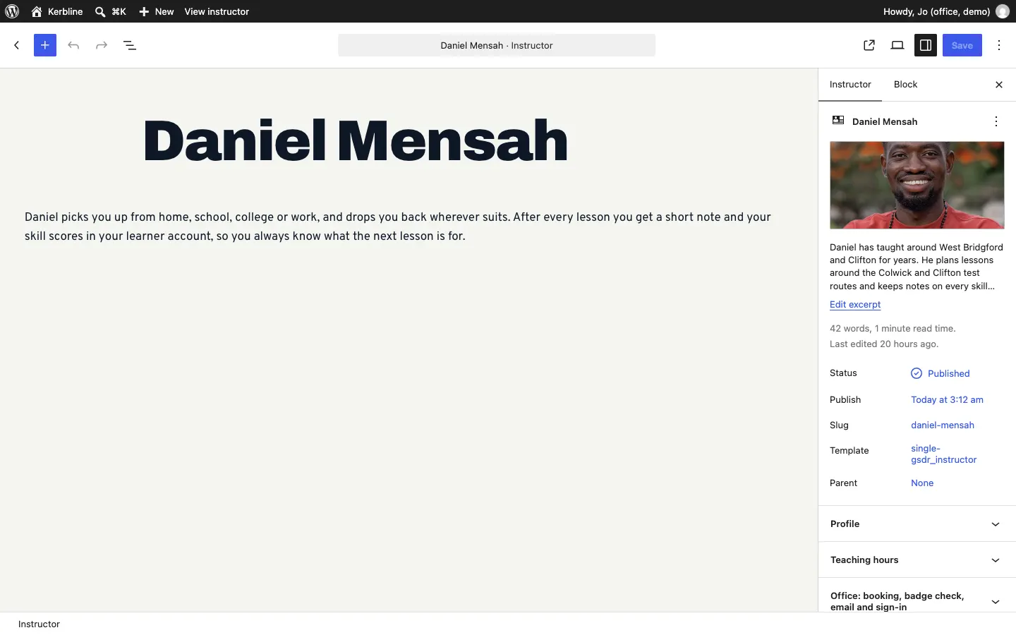 Daniel Mensah's profile in the editor, with his name as the title, a paragraph about pickups and lesson notes, and the side panel showing his photo, summary and the Profile, Teaching hours and Office panels