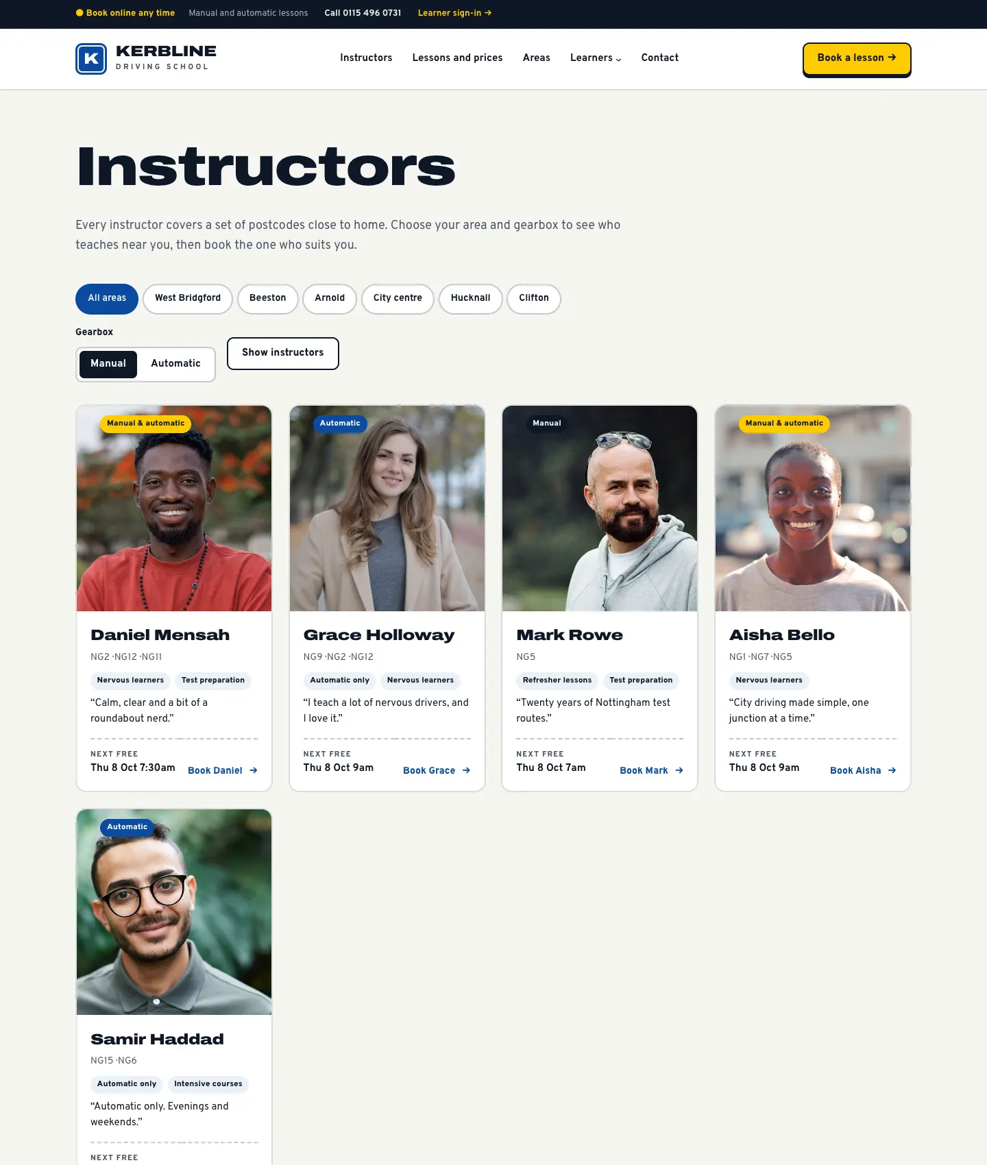 The Instructors page, with area buttons and a gearbox switch at the top, then cards for each instructor showing their gearbox, postcodes, specialisms, a quote, the next free time and a Book button