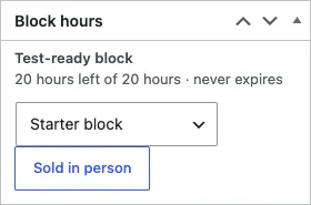 The Block hours box, showing Test-ready block with 20 hours left of 20 hours, never expires, a package list and a Sold in person button