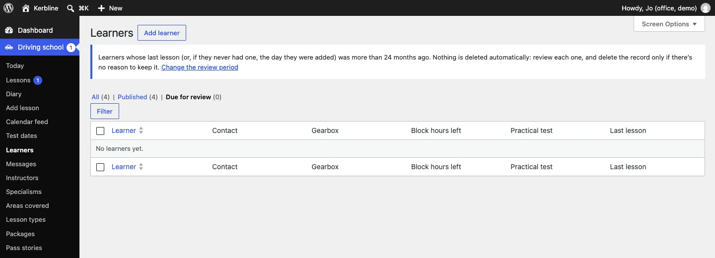 The Due for review view of the Learners list, explaining that nothing is deleted automatically, with a Change the review period link and no learners listed yet