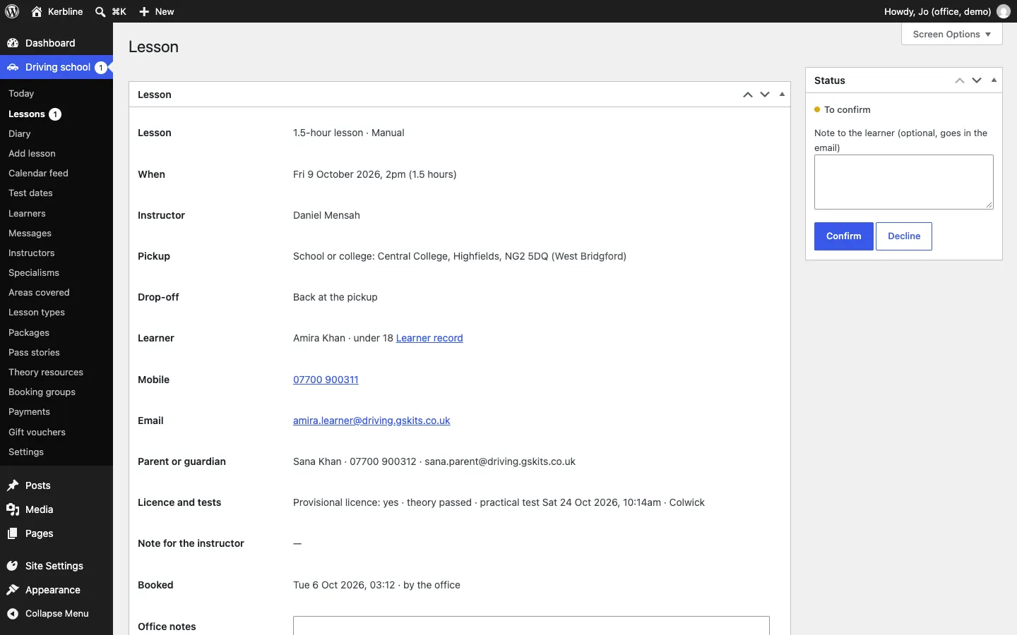 The lesson screen for Amira Khan's request, listing the lesson, when, instructor, pickup at Central College, drop-off, learner (under 18), mobile, email, parent or guardian Sana Khan, licence and tests, and the Status box on the right with Confirm and Decline