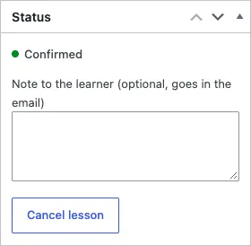 The Status box for a confirmed lesson that is still to come, with a Cancel lesson button