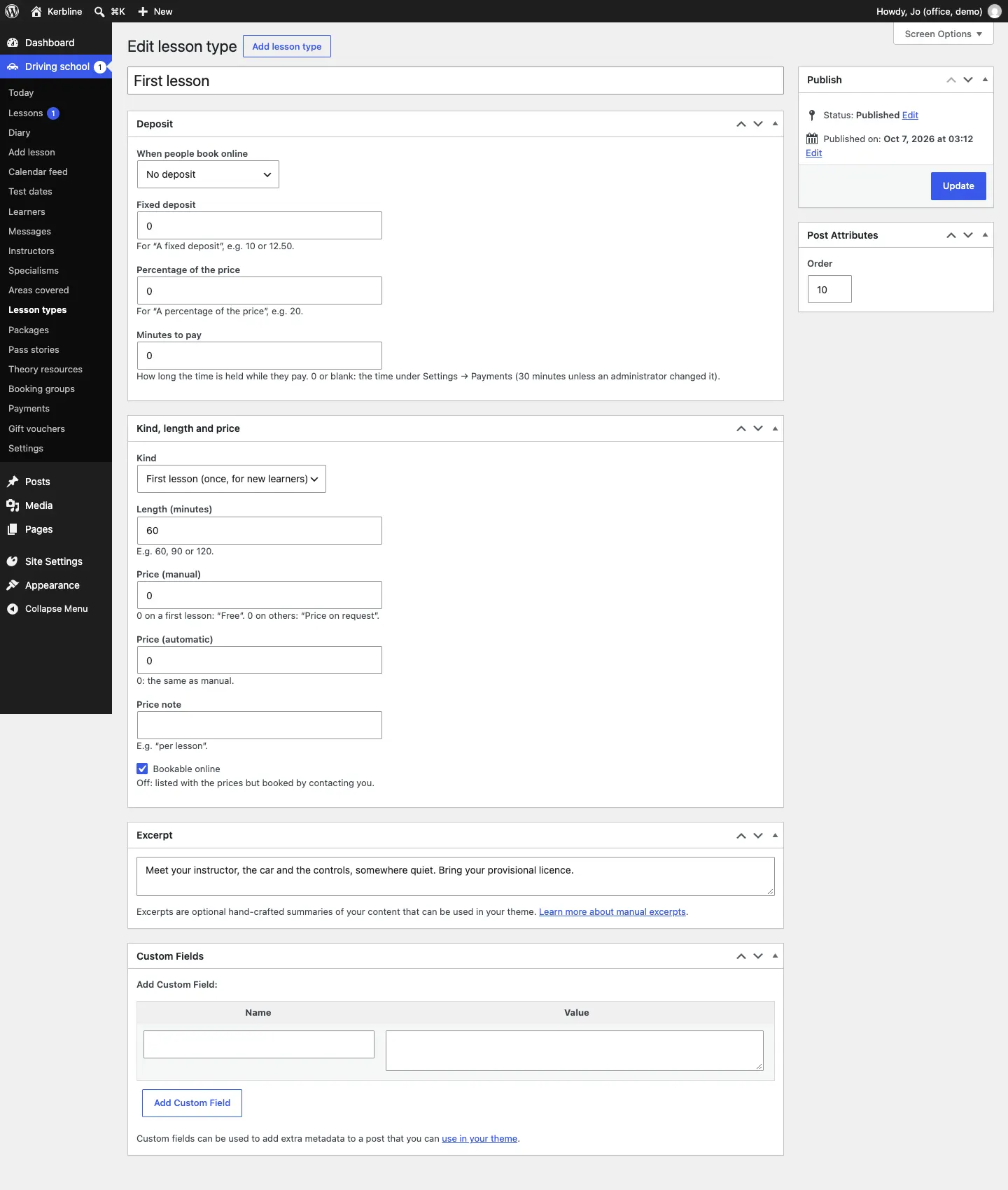 The First lesson edit screen, with the Kind, length and price panel (Kind, Length, manual and automatic prices, Price note and Bookable online) and the Deposit panel on the right