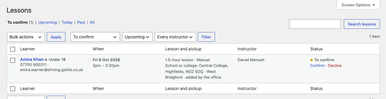 The To confirm view of the Lessons list, with one request from Amira Khan for a 1.5-hour manual lesson on Friday 9 October at 2pm with Daniel Mensah