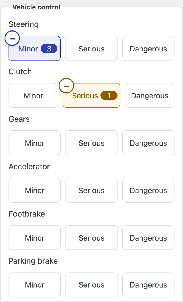 On a phone: Steering with Minor 3 and Clutch with Serious 1 marked in their colours, each with a round minus on its corner to take one off