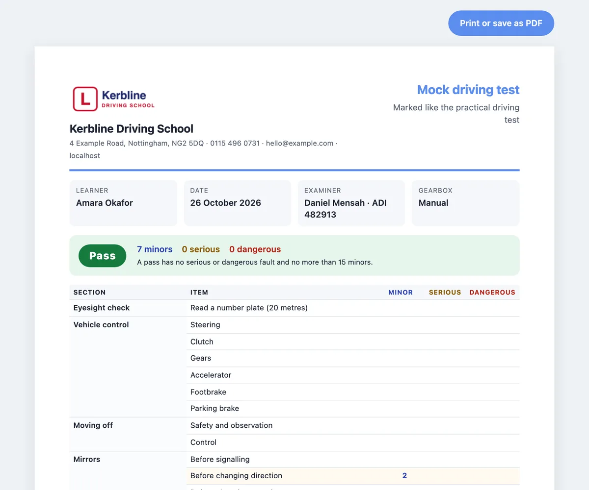 The result sheet: your logo, name and contact details, Mock driving test, the learner, date, examiner with ADI number and gearbox, a large Pass with 7 minors, 0 serious, 0 dangerous, and every section of the test with the faults marked