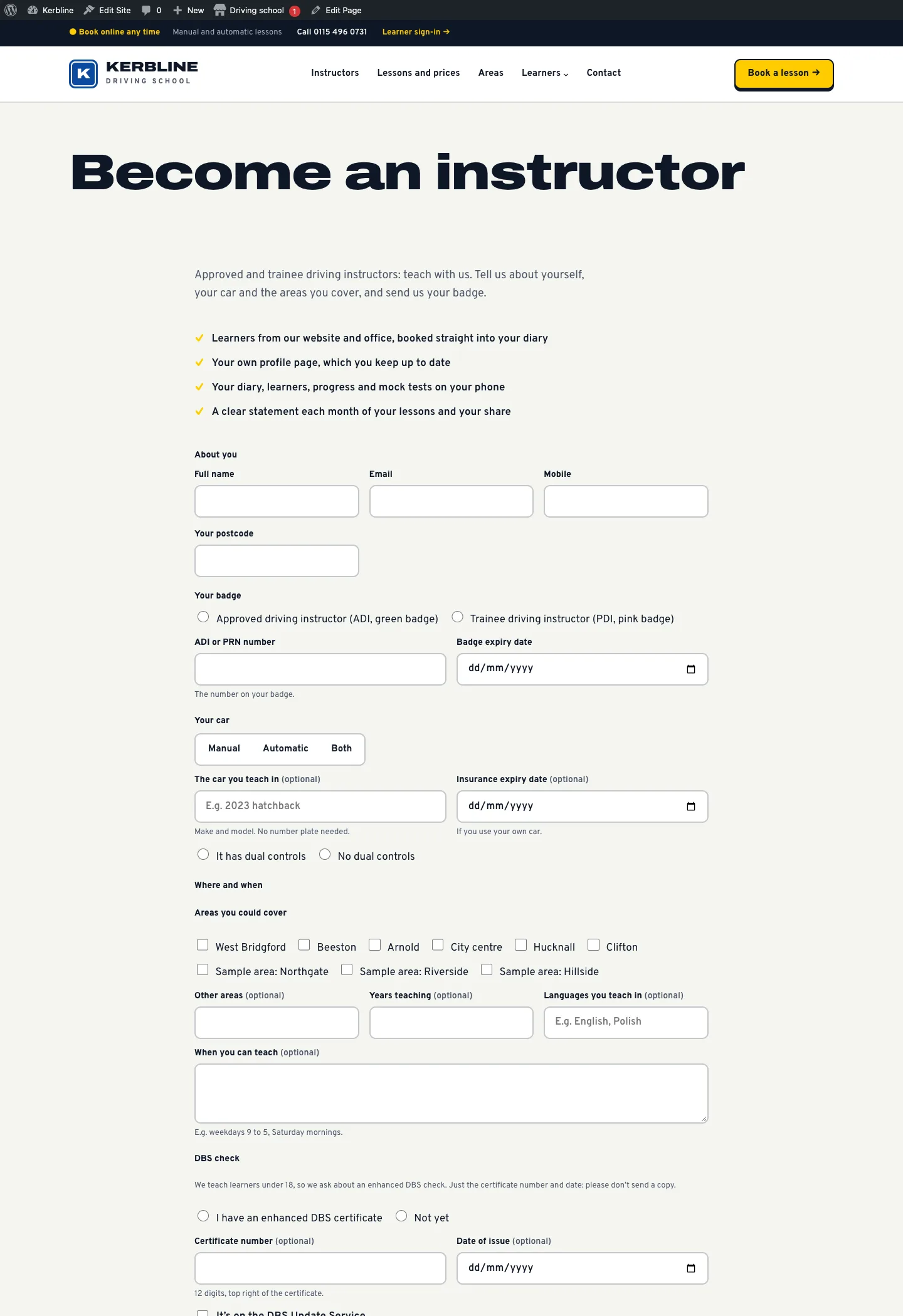 The Become an instructor page in the Signal design: what the school offers instructors, then the form with About you, Your badge and Your car