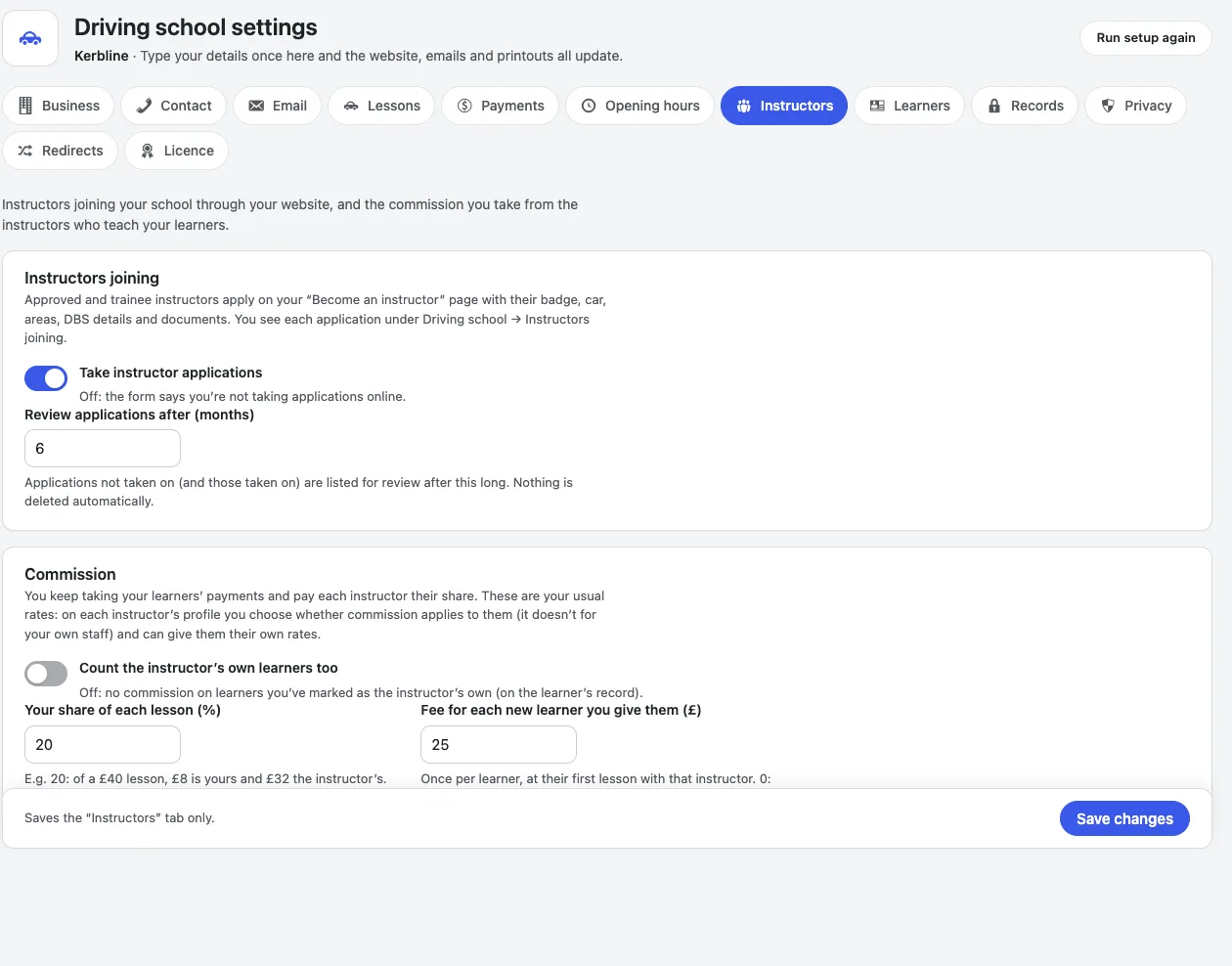 The Instructors tab: Take instructor applications switched on, review after 6 months, and commission of 20% of each lesson and £25 per new learner