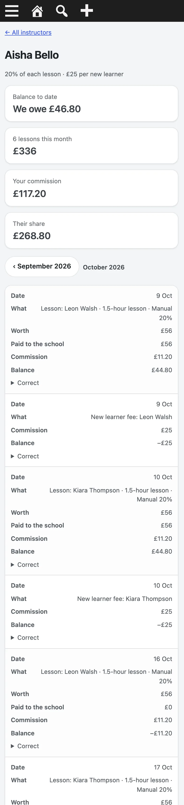 Aisha Bello's statement on a phone: the summary boxes, then each lesson as a card