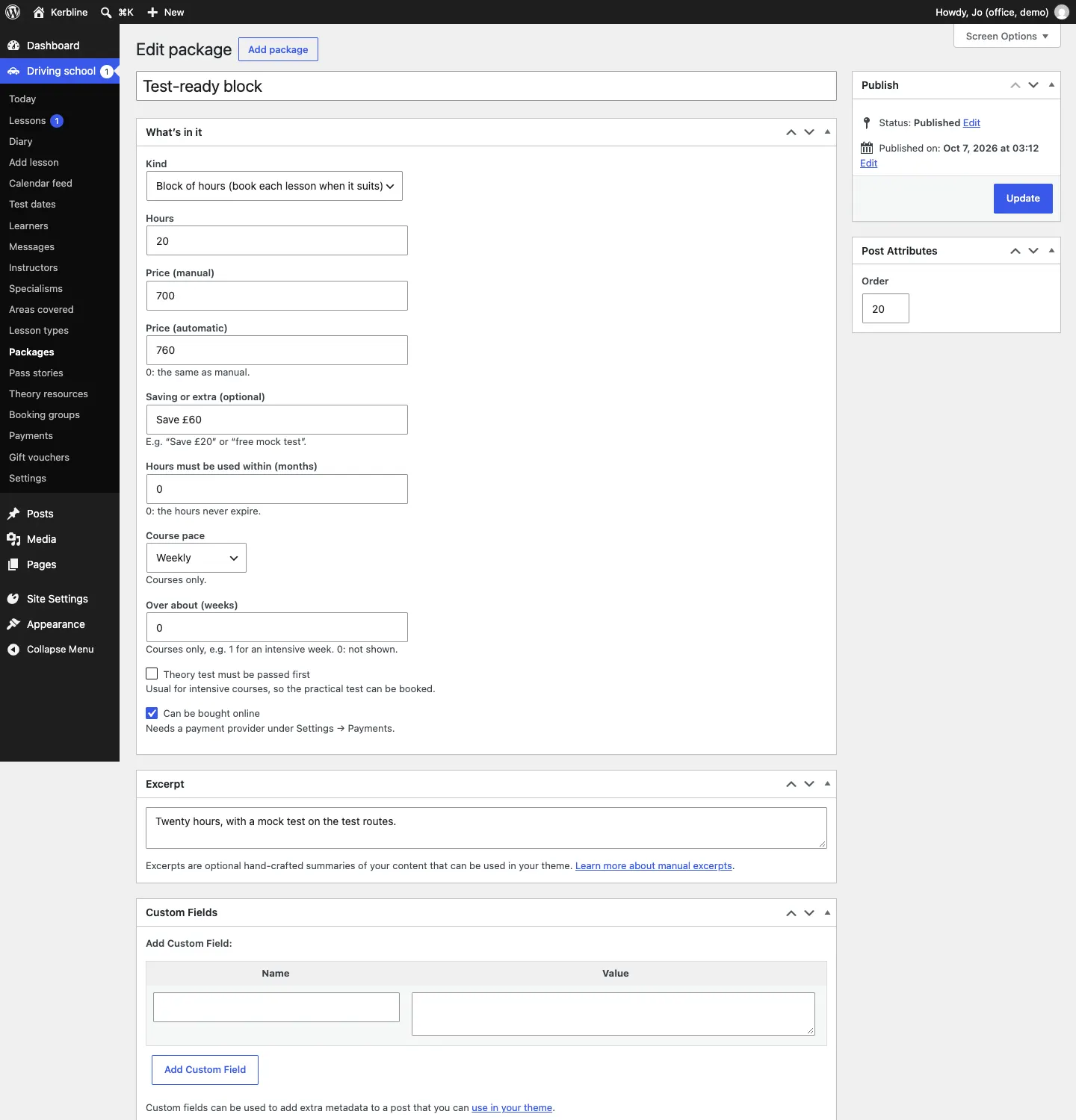 The Test-ready block edit screen, with the What's in it panel: Kind, Hours, manual and automatic prices, Saving or extra, Hours must be used within, Course pace, Over about weeks, Theory test must be passed first and Can be bought online