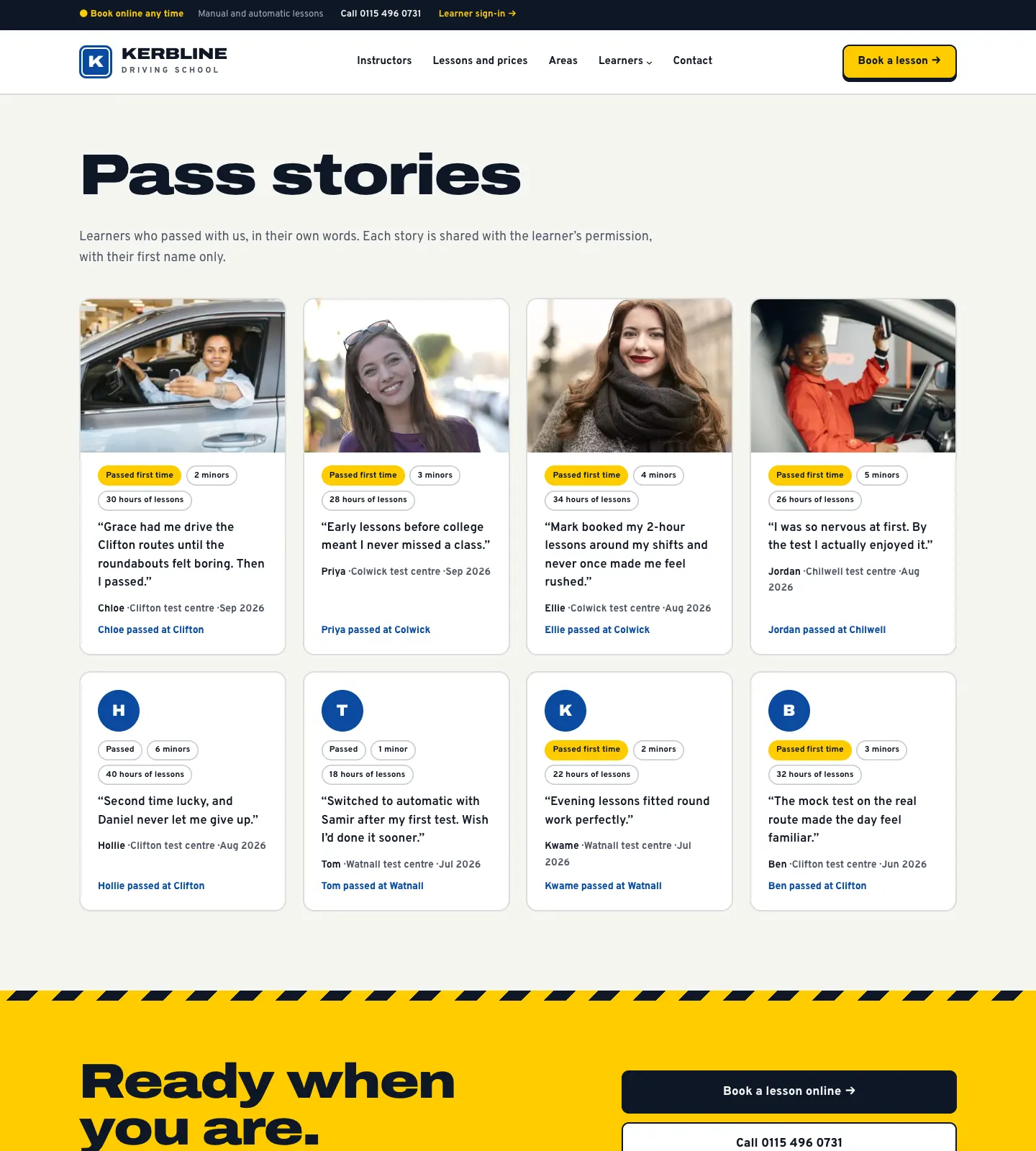 The Pass stories page, with story cards for Chloe at Clifton, Priya and Ellie at Colwick and others, each with Passed first time, the number of minors, the hours of lessons and a short quote