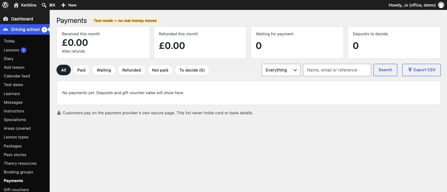 The Payments screen in test mode, with totals for received this month, refunded this month, waiting for payment and deposits to decide, filters for All, Paid, Waiting, Refunded, Not paid and To decide, a search box and an Export CSV button