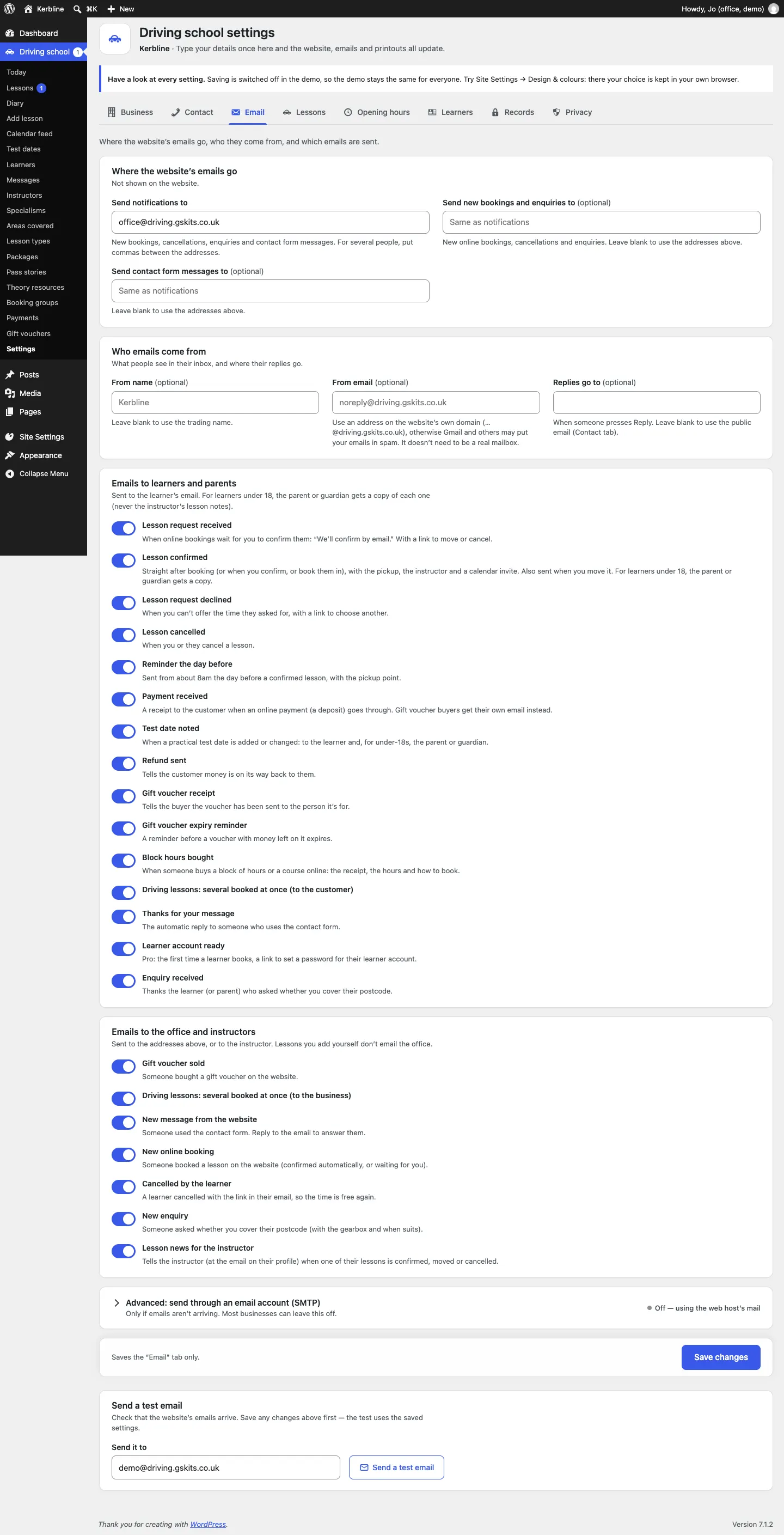 The Email tab, with Send notifications to, Send new bookings and enquiries to and Send contact form messages to at the top, then each email to learners and parents and to the office and instructors with a switch, and the Send a test email box at the bottom