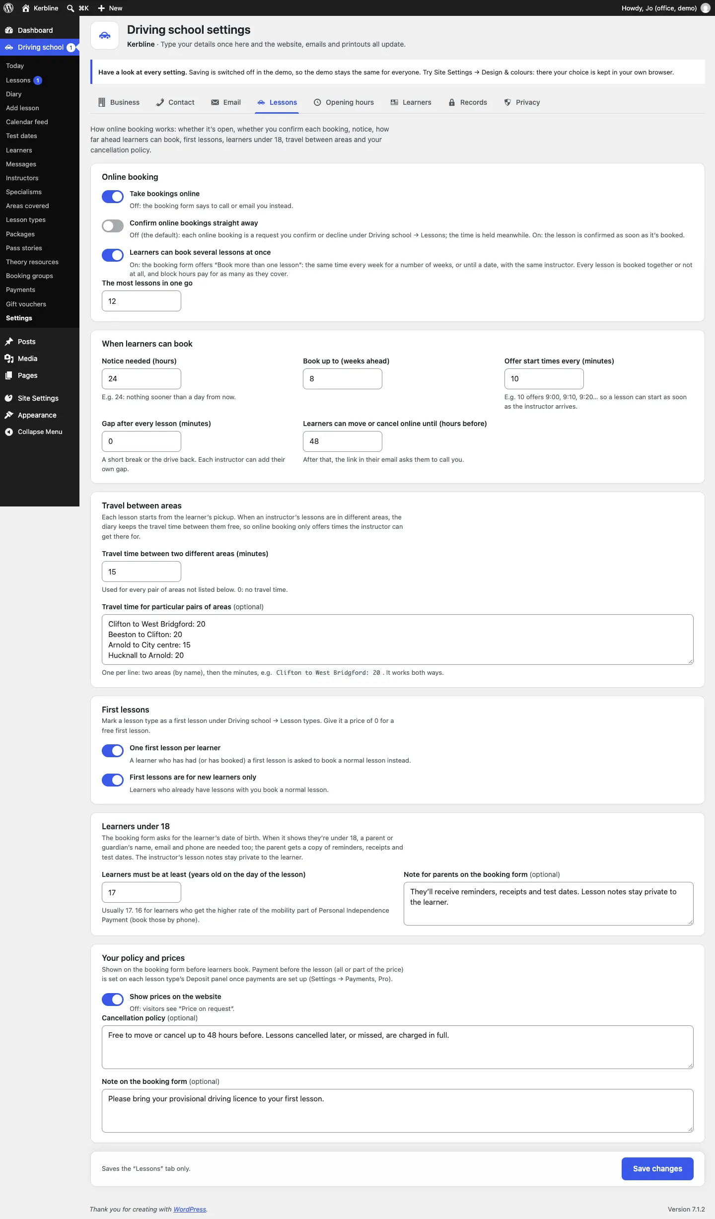 The Lessons tab of Driving school settings, with the Online booking, When learners can book, Travel between areas, First lessons, Learners under 18 and Your policy and prices sections