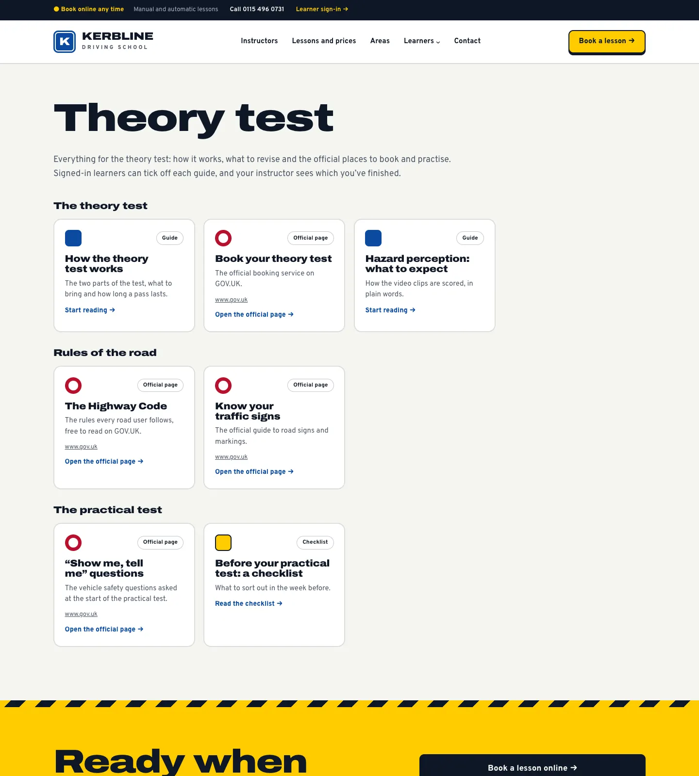 The Theory test page, with guides such as How the theory test works and Hazard perception: what to expect, and official page links to Book your theory test, The Highway Code and Know your traffic signs on GOV.UK