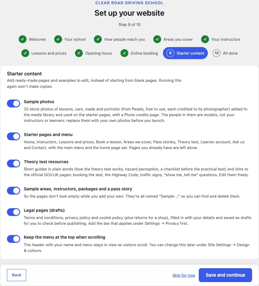 Step 9 of 10, Starter content, with switches for Sample photos, Starter pages and menu, Theory test resources, Sample areas, instructors, packages and a pass story, Legal pages (drafts) and Keep the menu at the top when scrolling