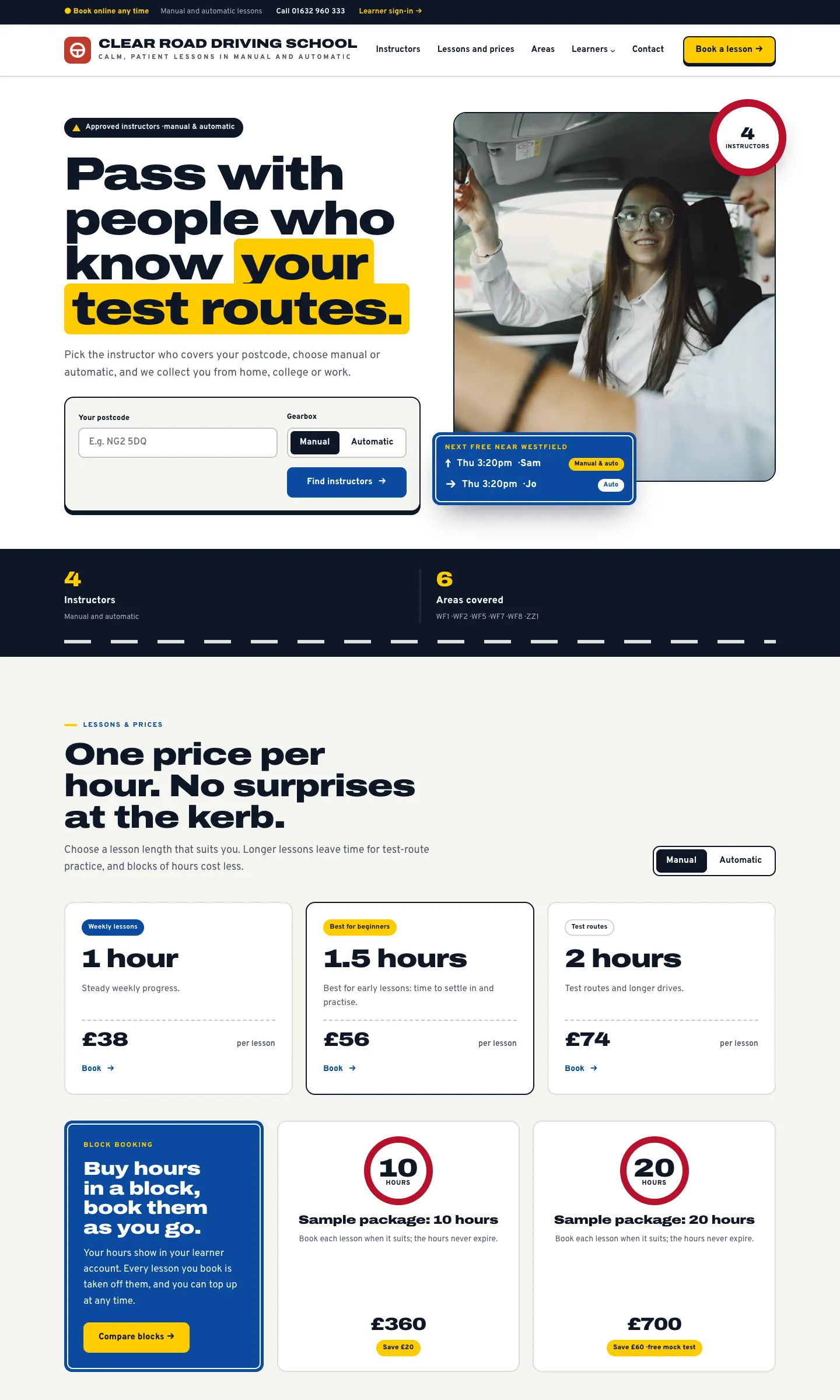 The new Clear Road Driving School home page: the headline "Pass with people who know your test routes.", a postcode and gearbox search with a Find instructors button, a box with the next free lessons near Westfield, the number of instructors and areas covered, then lesson prices of £38, £56 and £74 and the sample 10 and 20 hour packages