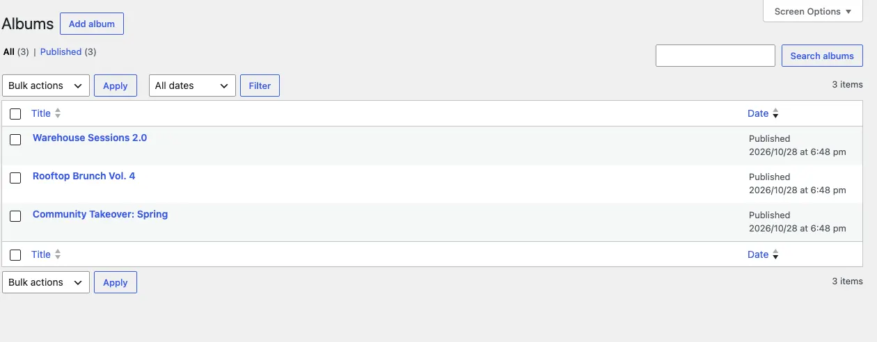 The albums list in the admin with the three sample albums