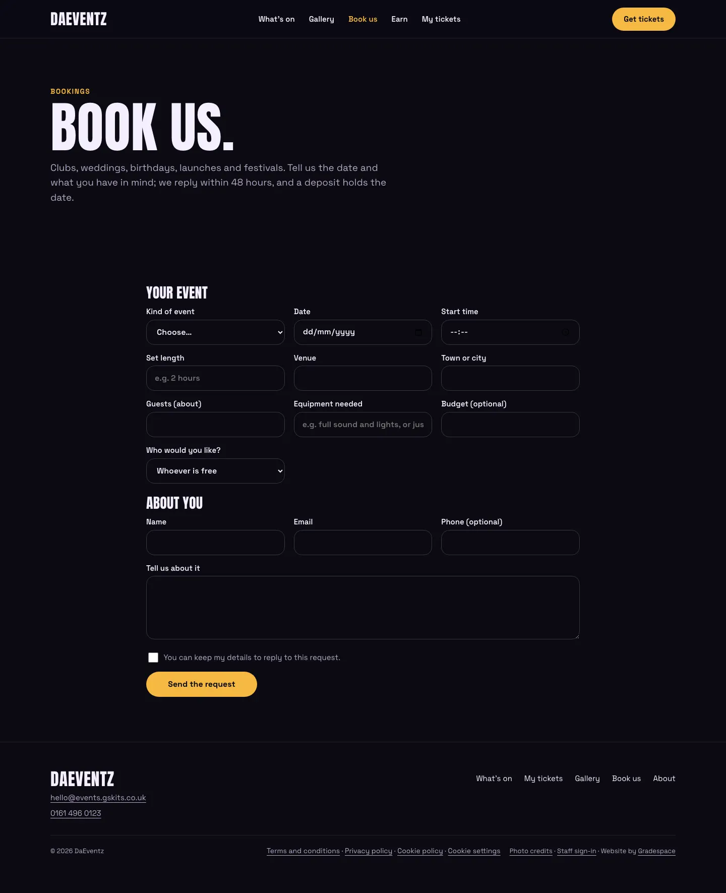 The Book us page in the Club design: Your event (kind of event, date, start time, set length, venue, town, guests, equipment, budget and who you would like) and About you (name, email, phone and a message), then Send the request