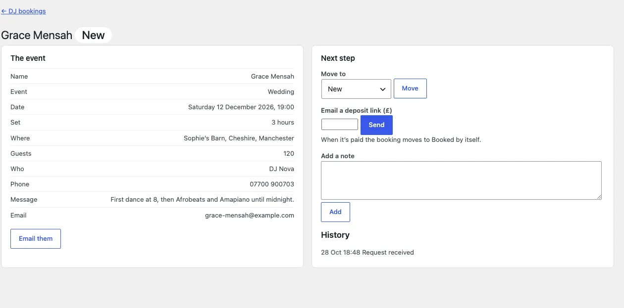 One booking request: the event’s details on the left with Email them, and Next step on the right with Move to, Email a deposit link, Add a note and the history