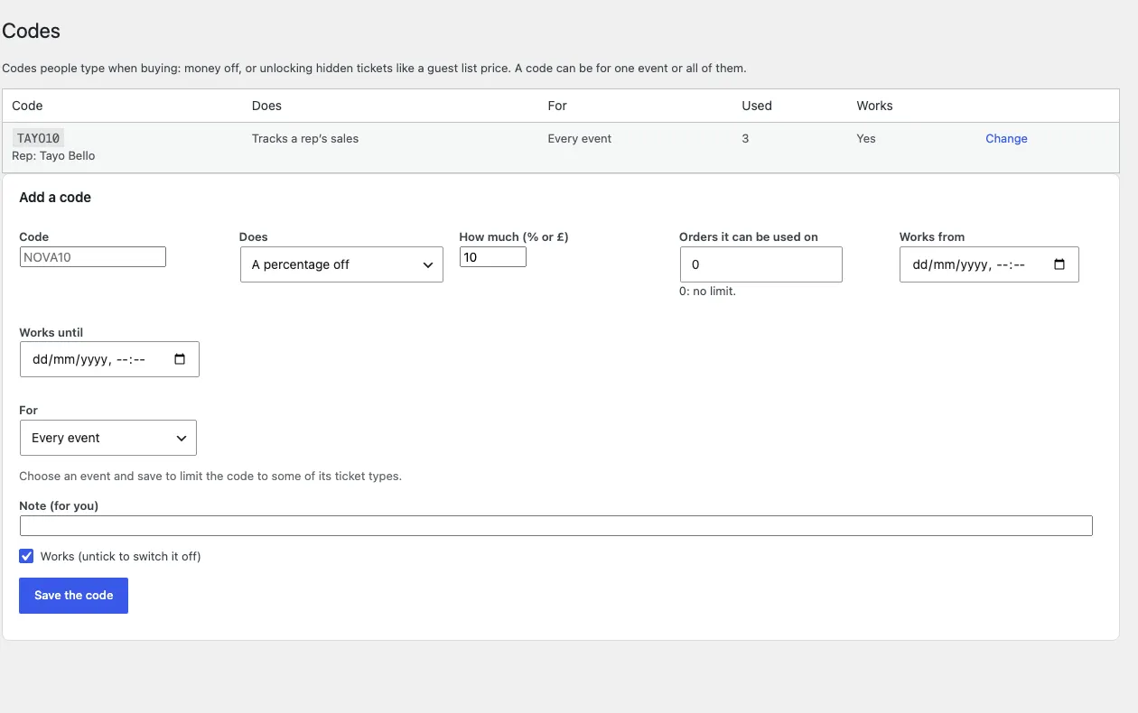 The Codes screen: the list of codes (a rep’s tracking code, TAYO10, used 3 times) with Change, and Add a code with the code, what it does, how much, how many orders, the dates, which event and a note