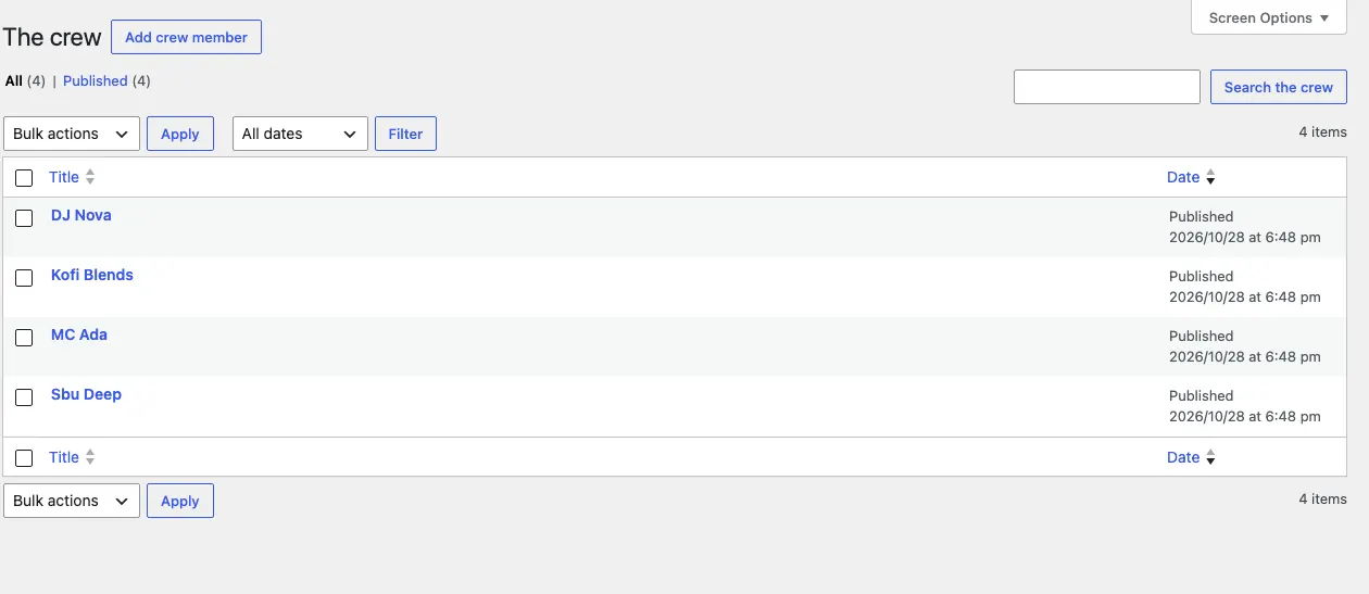 The crew list in the admin with the four sample crew members