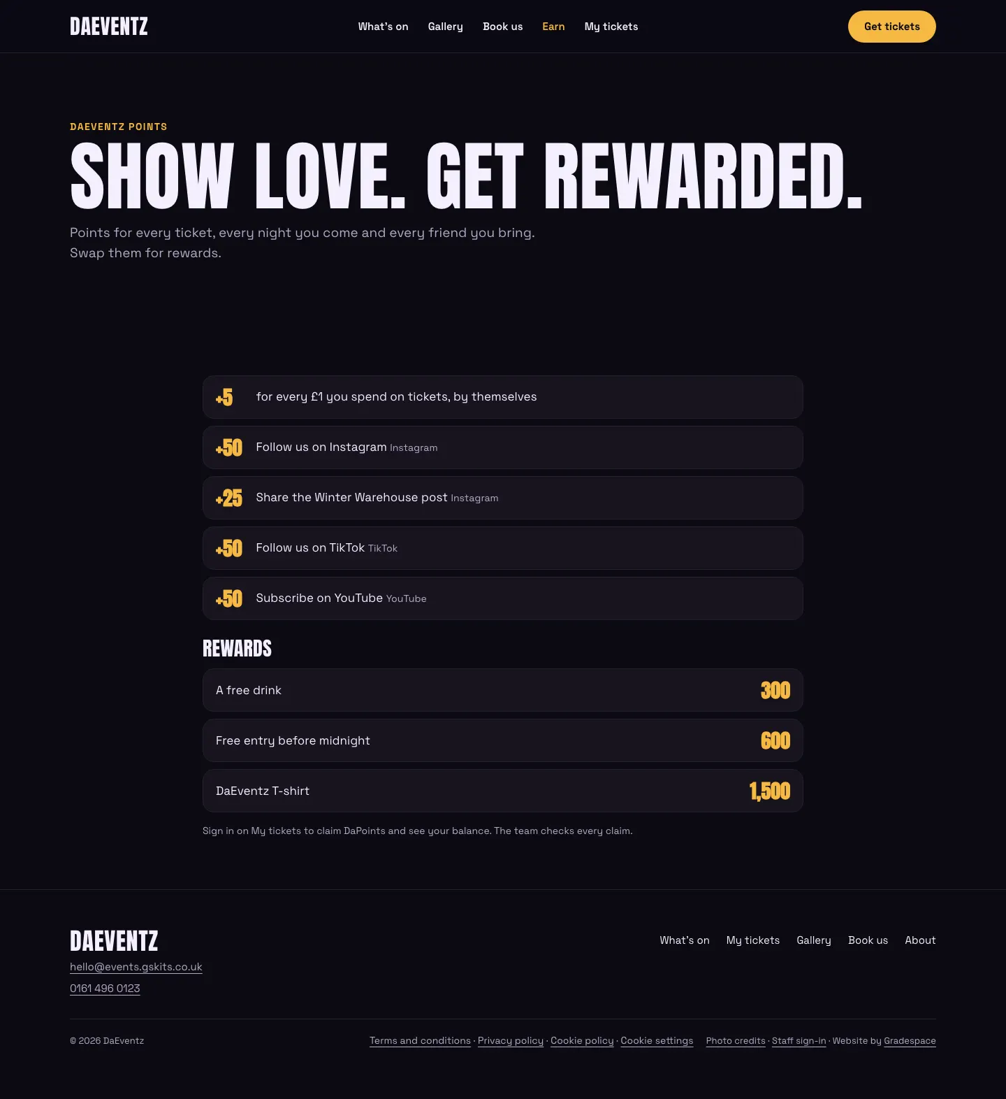 The Earn page in the Club design: “Show love. Get rewarded.”, points for every £1 spent and the social tasks with their points, then the rewards with their prices in points