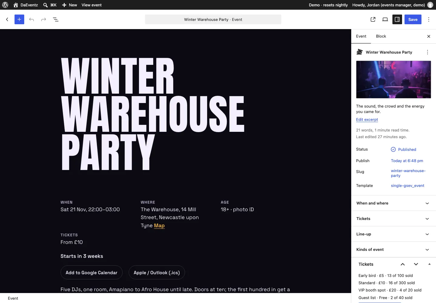 Editing an event: the event’s page in the editor with its title, when, where and age, and on the right the Event panel with its photo and the When and where, Tickets, Line-up, Kinds of event and Tickets boxes