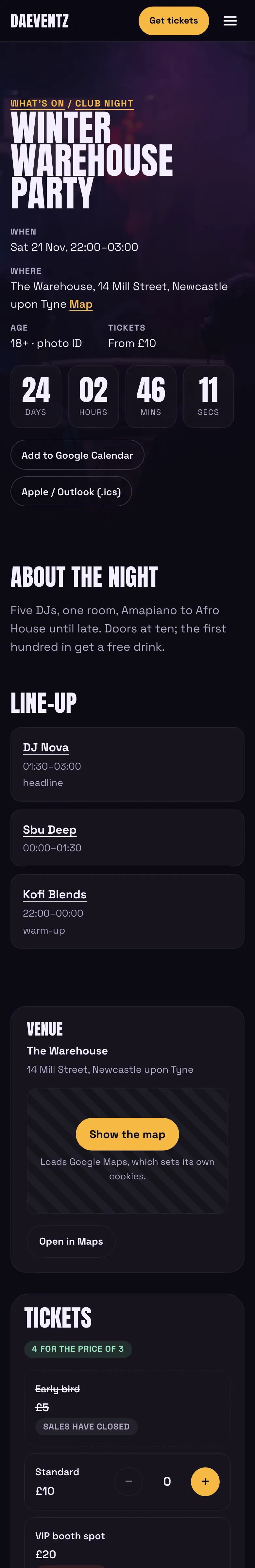 The event page on a phone: the facts, the countdown, the line-up and the tickets stacked