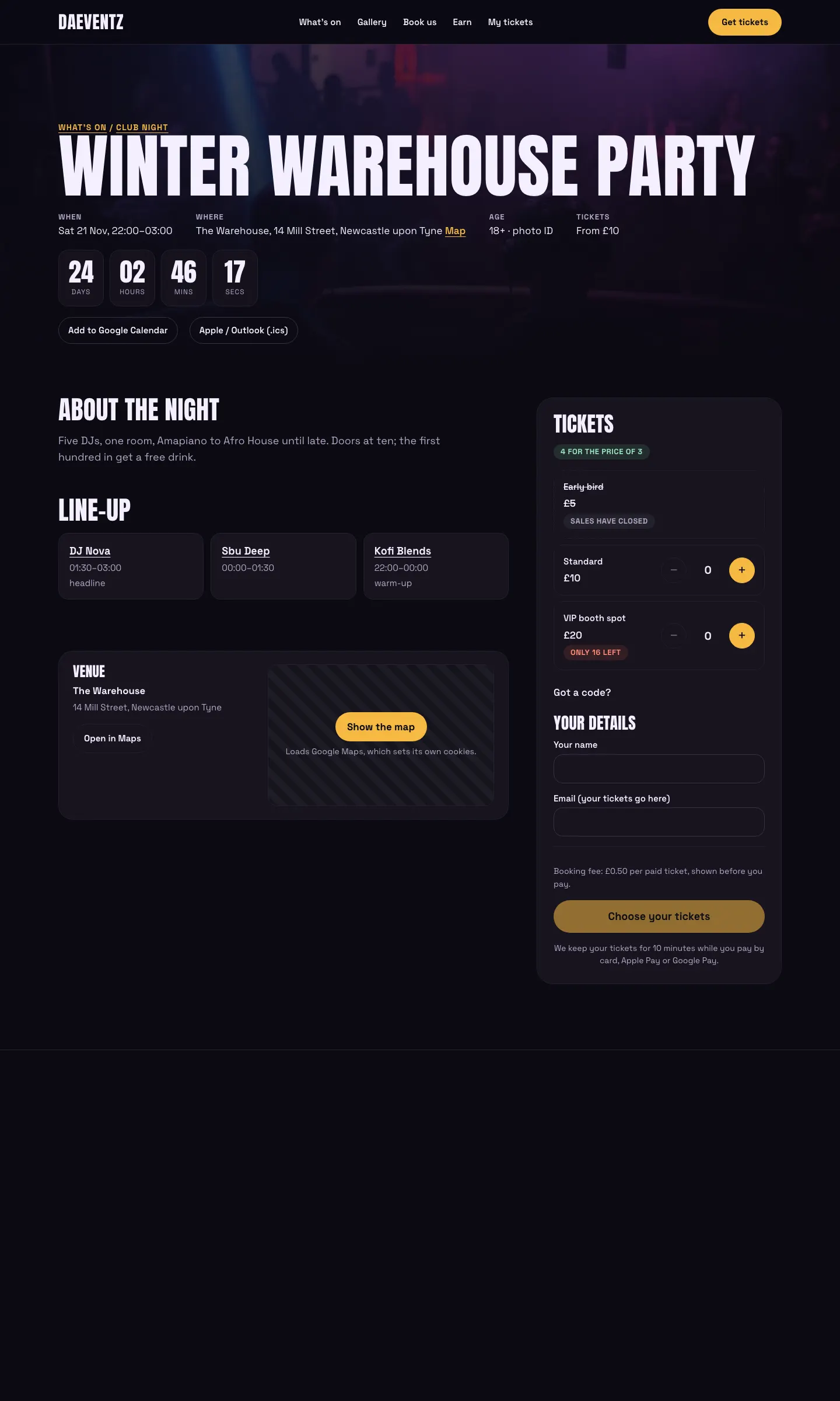 The event page in the Club design: the night’s name over its photo, when, where, age and price, a countdown and calendar links, About the night, the line-up, and the Tickets box beside them