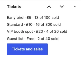 The Tickets box in the event editor: each ticket type with its price and how many have sold, and the Tickets and sales button