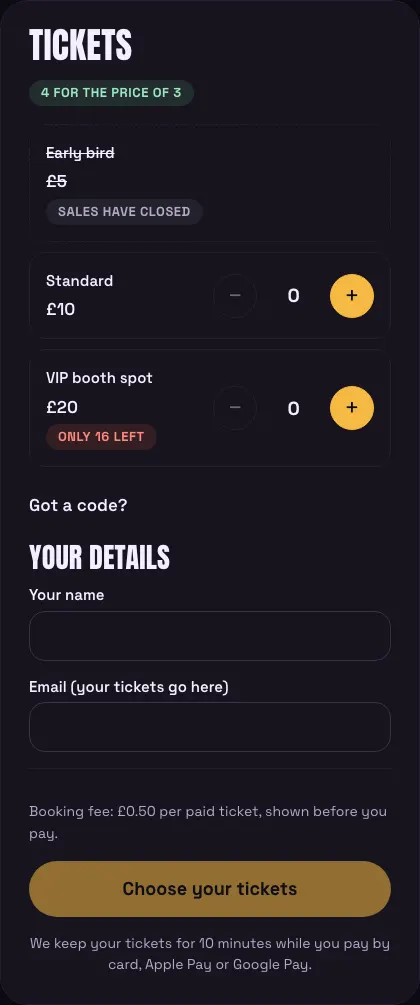 The Tickets box on an event page: a 4 for the price of 3 badge, Early bird crossed out with Sales have closed, Standard at £10 and VIP booth spot at £20 (Only 16 left) with − and + buttons, Got a code?, Your details, the booking fee line and Choose your tickets