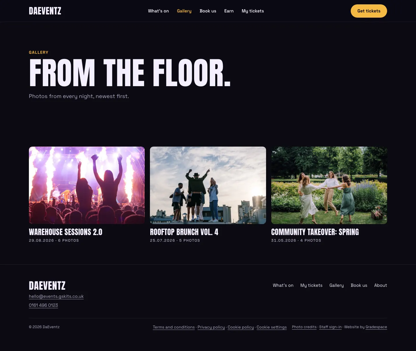 The Gallery page in the Club design: the albums as a wall of photos, each with its name and date under it