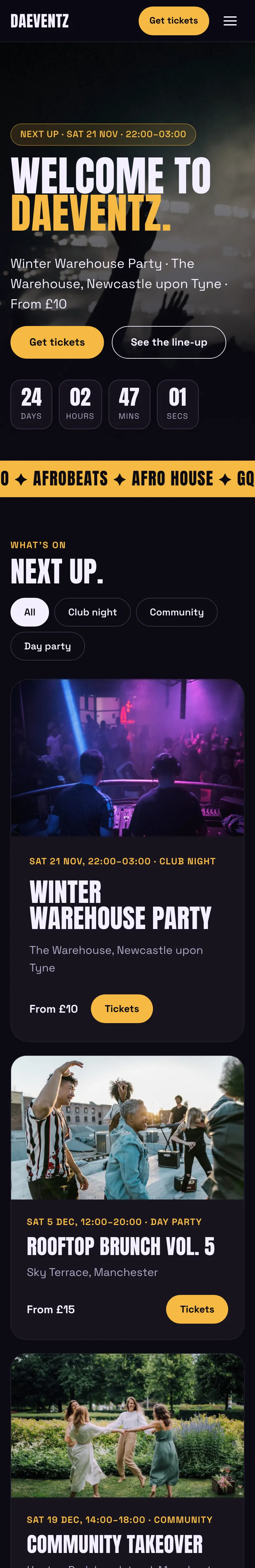 The Club home page on a phone: the menu button, the welcome headline, the next night, the countdown and Get tickets stacked