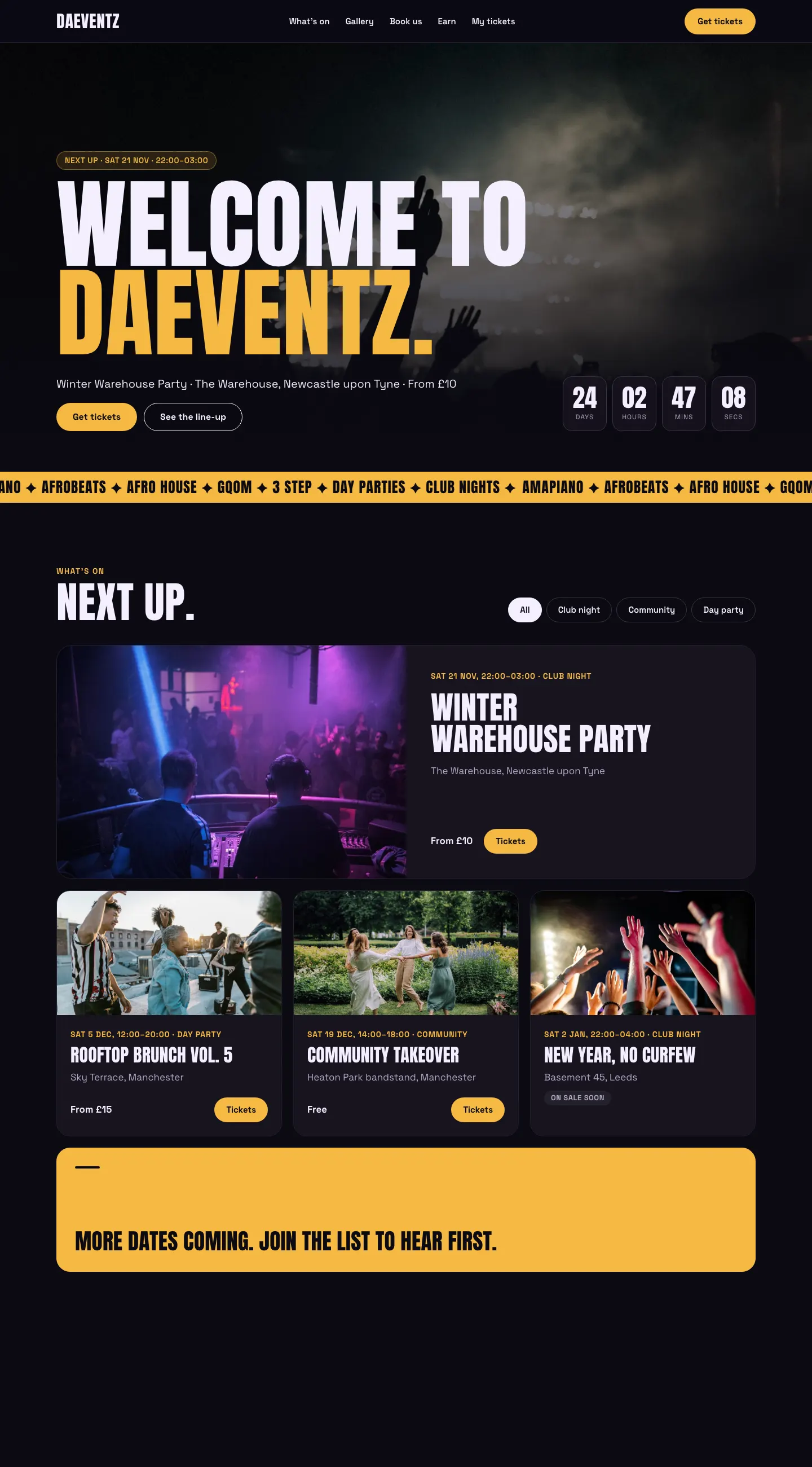 The demo home page in the Club design on a computer: “Welcome to DaEventz.” in tall white and gold capitals over a dark crowd photo, the next night (Winter Warehouse Party, The Warehouse, Newcastle upon Tyne, from £10) with Get tickets and See the line-up, a countdown in four boxes, and a gold ticker of the sounds