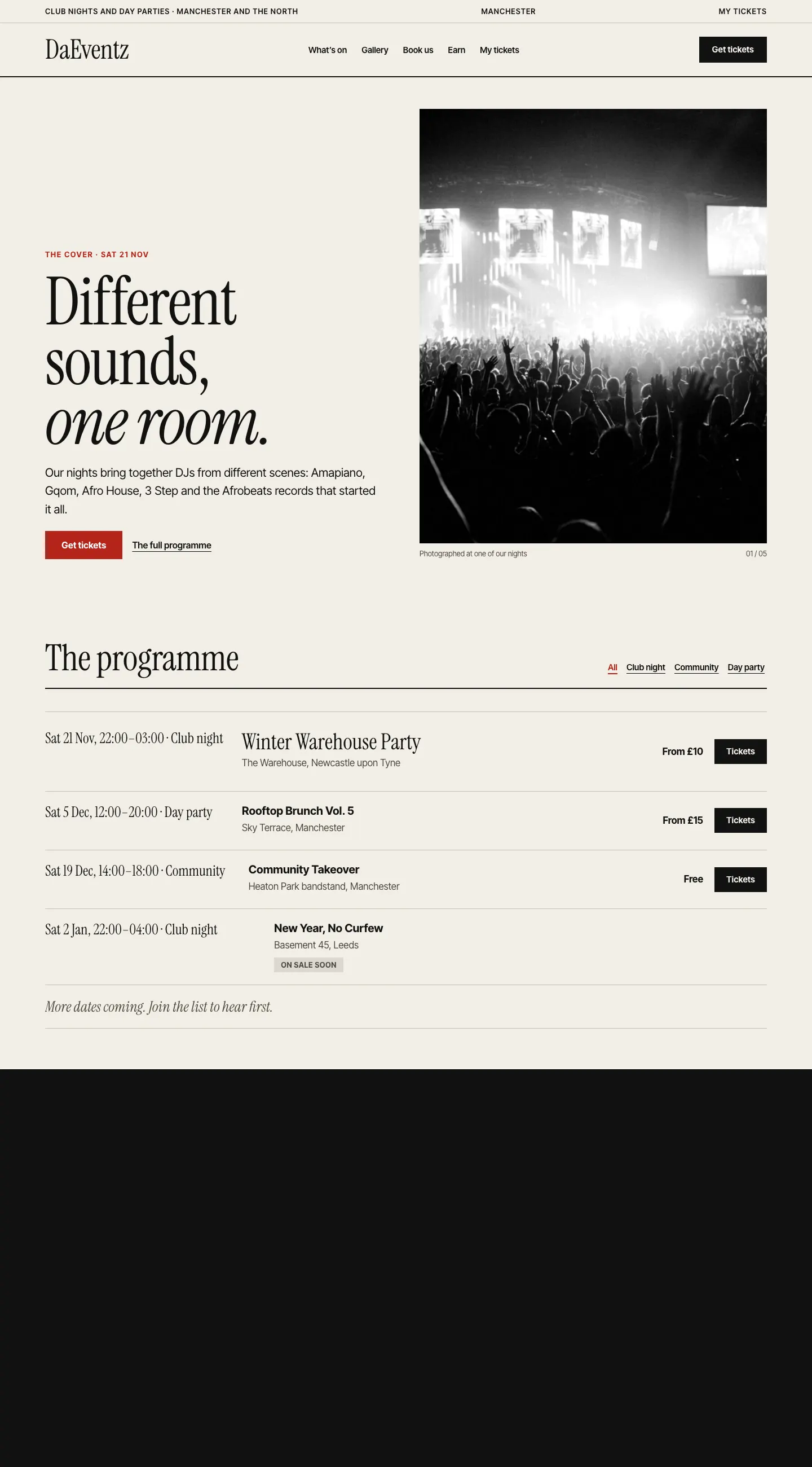 The demo home page in the Culture design on a computer: a serif masthead, “Different sounds, one room.” beside a black-and-white crowd photo, and the season’s programme