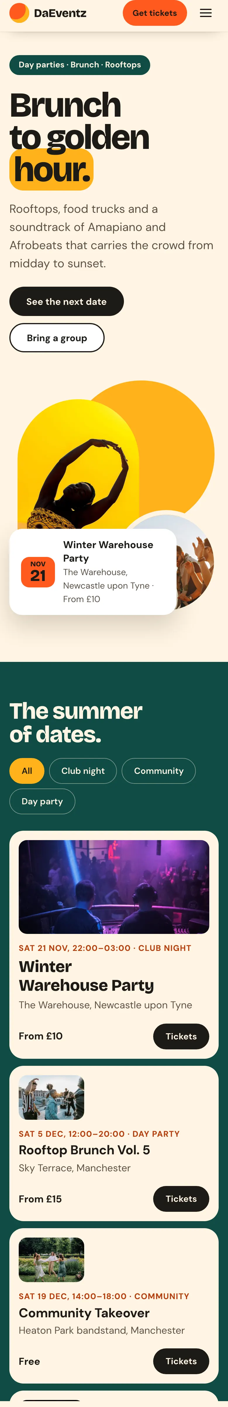The Day Party home page on a phone: the headline, the buttons and the arched photos stacked