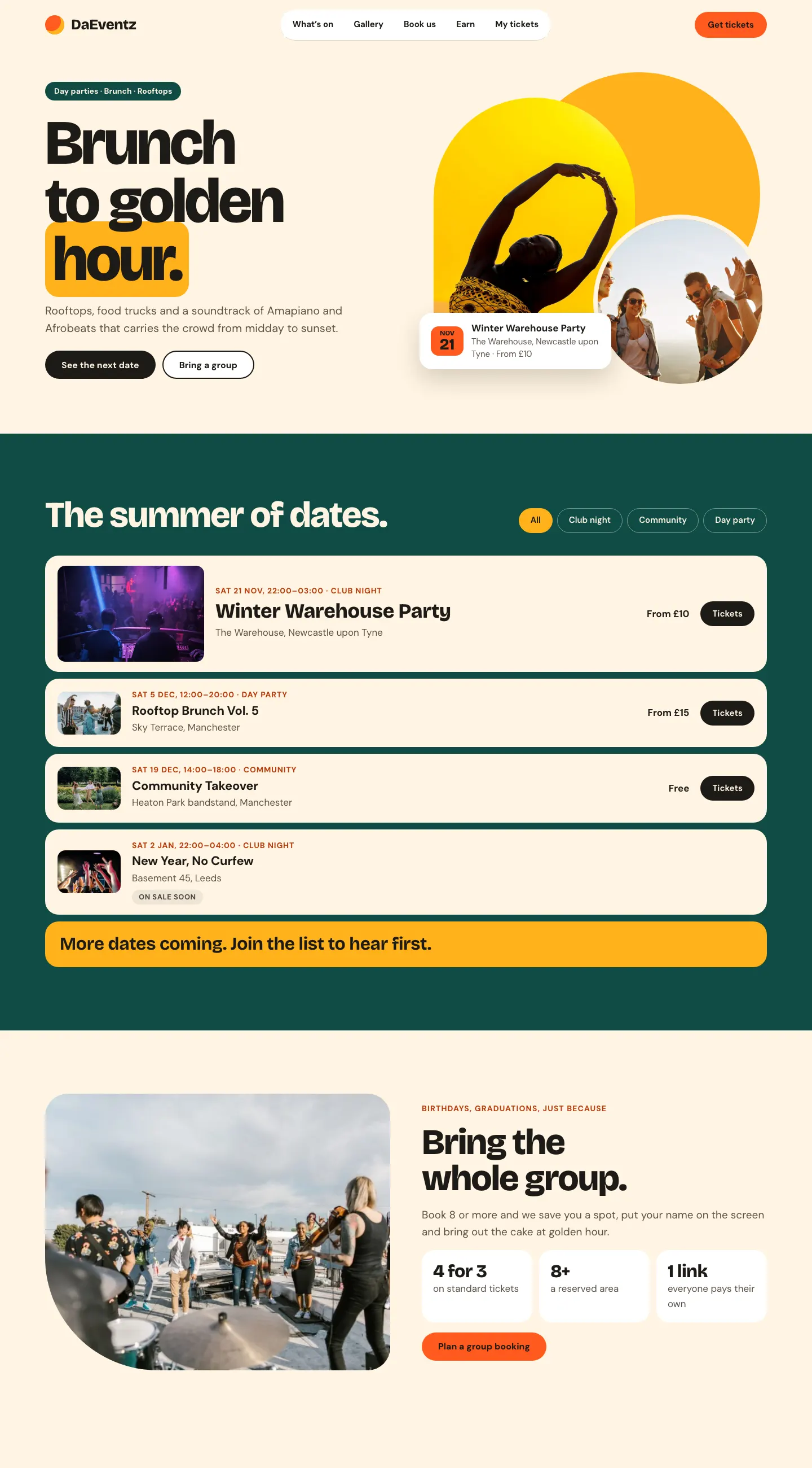 The demo home page in the Day Party design on a computer: “Brunch to golden hour.” on cream with the last word on a yellow highlight, arched and round photos with the next date on a small card, and the summer of dates on a green band