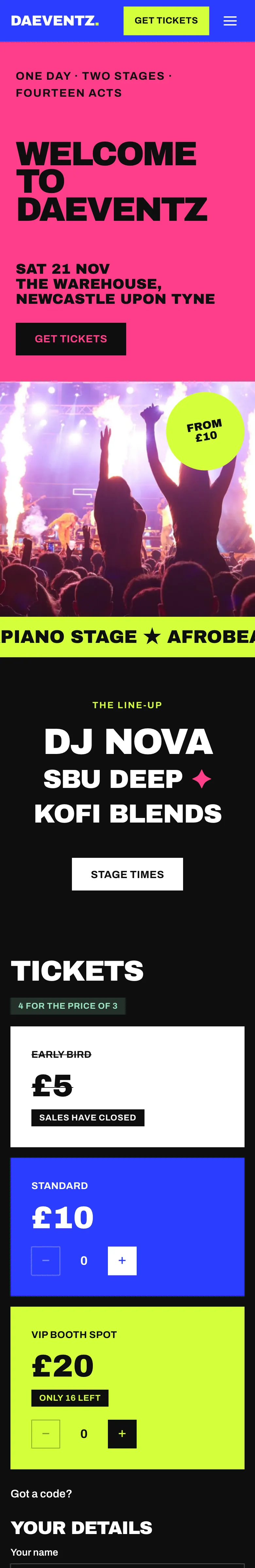 The Festival home page on a phone: the pink poster with the date and venue, Get tickets and the crowd photo below