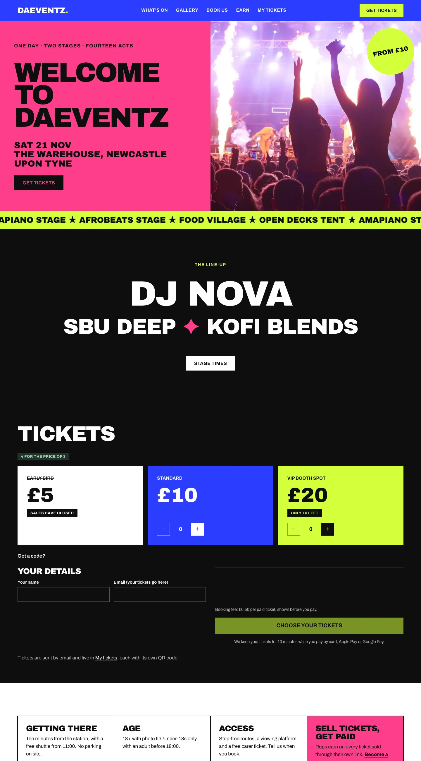The demo home page in the Festival design on a computer: “Welcome to DaEventz” in heavy black capitals on a pink poster beside a crowd photo with a From £10 sticker, and a lime ticker of the stages