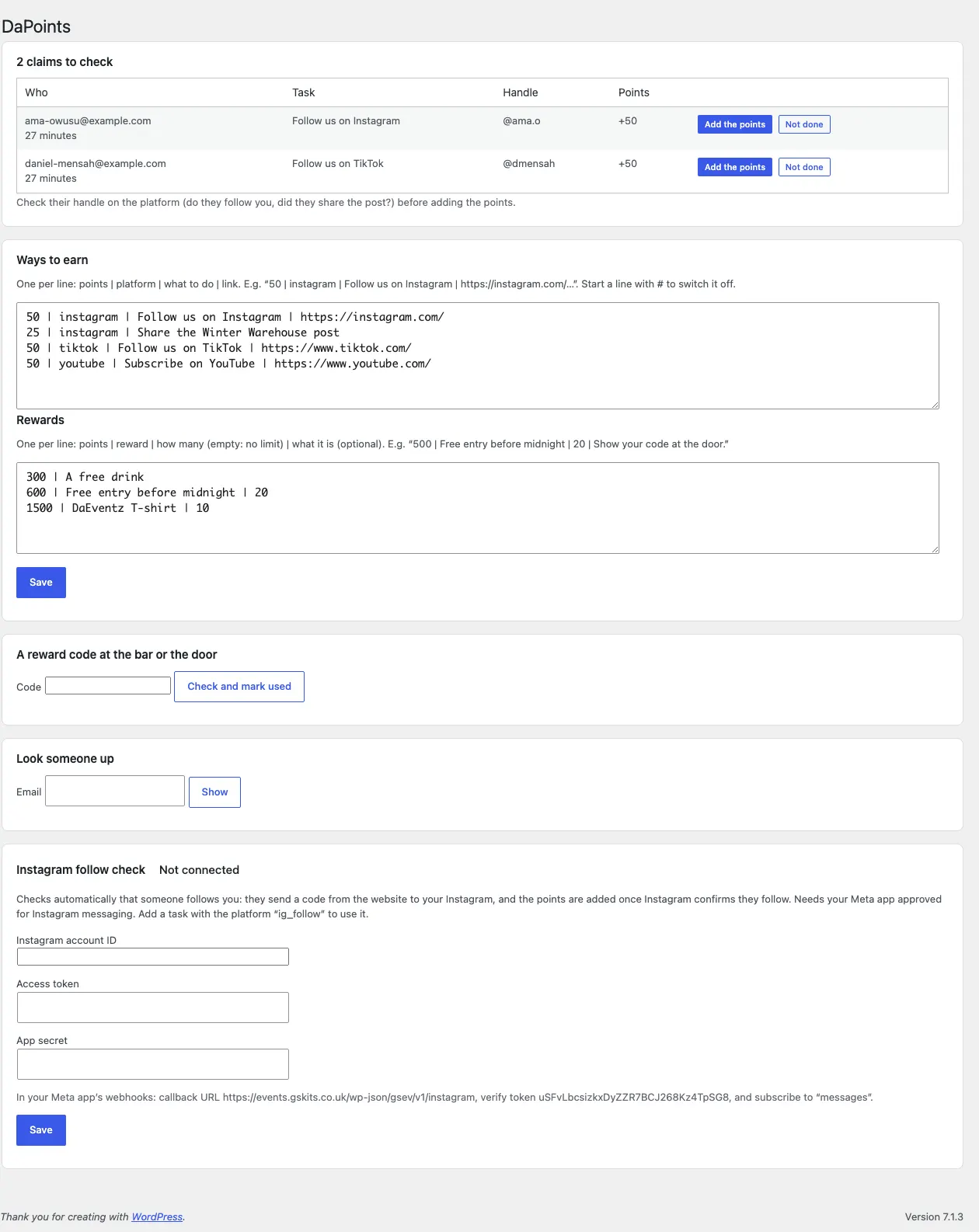 The Points screen in the admin: claims to check with Add the points and Not done, the ways to earn and the rewards as lines to edit, a reward code to check at the bar or the door, Look someone up, and the Instagram follow check settings
