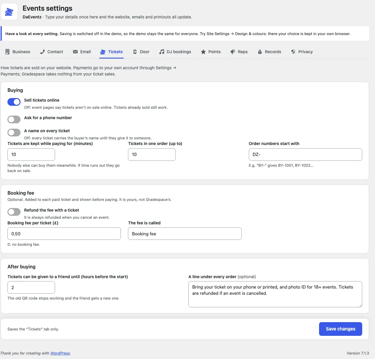 Events settings on the Tickets tab: the tabs along the top (Business, Contact, Email, Tickets, Door, DJ bookings, Points, Reps, Records, Privacy), then Buying (sell tickets online, ask for a phone number, a name on every ticket, minutes kept while paying, tickets per order, order numbers), the booking fee, and After buying (transfers and the line under every order)