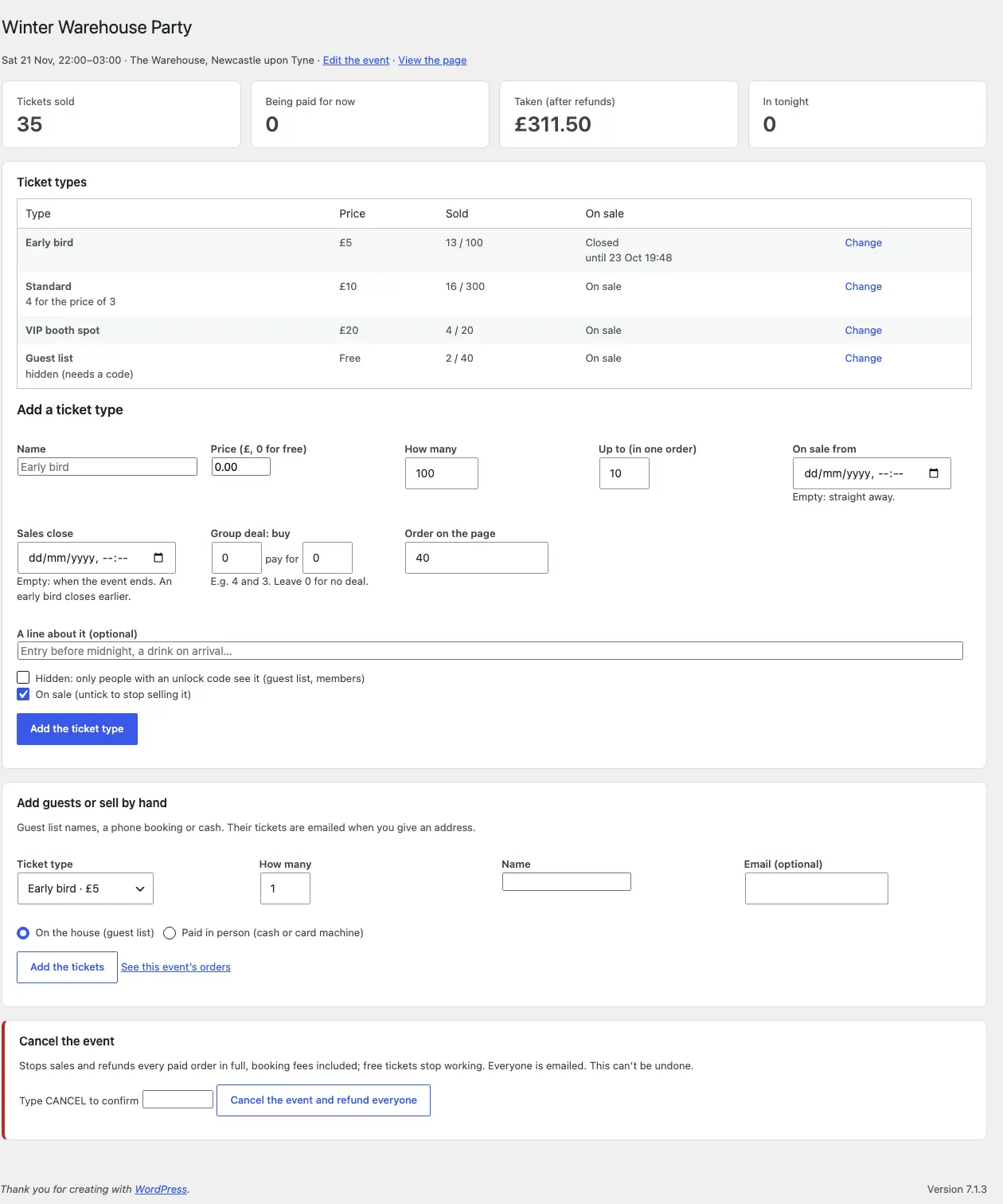 The Tickets and sales screen for Winter Warehouse Party: tickets sold, being paid for now, money taken and in tonight; the ticket types (Early bird closed, Standard with 4 for the price of 3, VIP booth spot, a hidden Guest list) with Change; Add a ticket type; Add guests or sell by hand; and Cancel the event