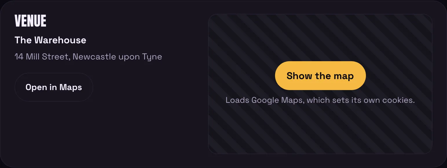 The Venue card on an event page: the venue's name and address, Open in Maps, and the map area with Show the map, which says it loads Google Maps and its cookies