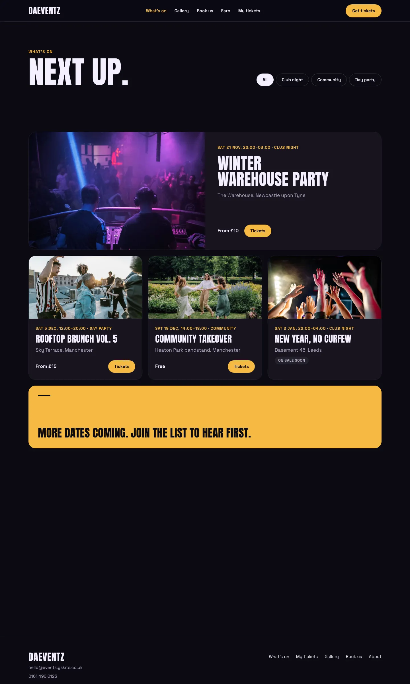 The What’s on page in the Club design: the next night as a wide feature card with its date, venue, price and Tickets, then the nights coming up with filters for Club night, Day party and Community